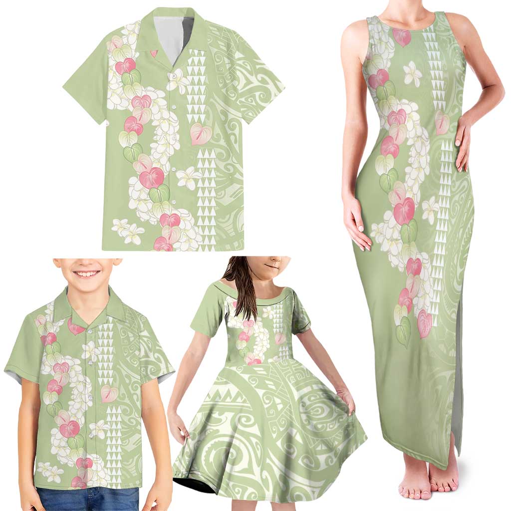 Leaf Green Hawaii Anthurium Plumeria Lei Family Matching Tank Maxi Dress and Hawaiian Shirt