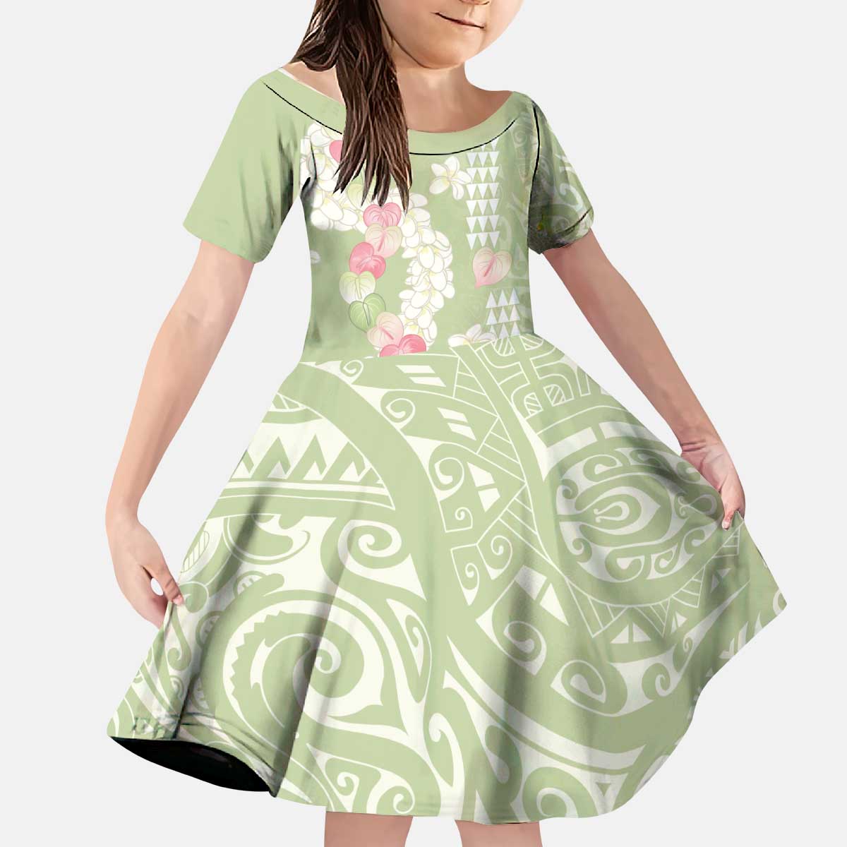 Leaf Green Hawaii Anthurium Plumeria Lei Kid Short Sleeve Dress LT9 KID Green - Polynesian Pride