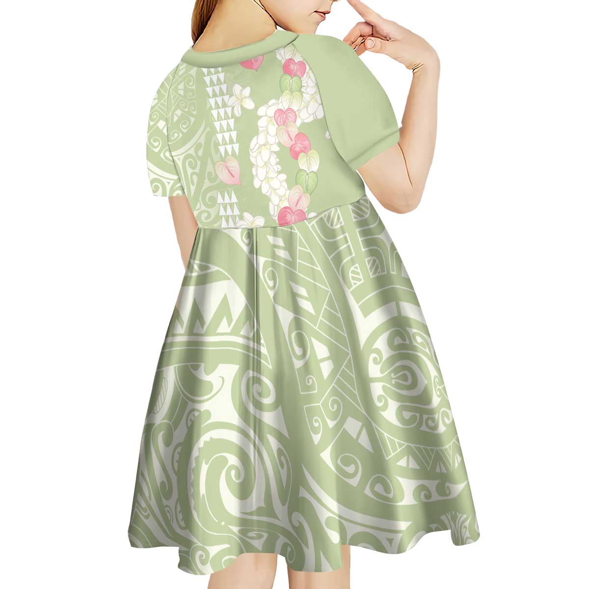 Leaf Green Hawaii Anthurium Plumeria Lei Kid Short Sleeve Dress LT9 - Polynesian Pride