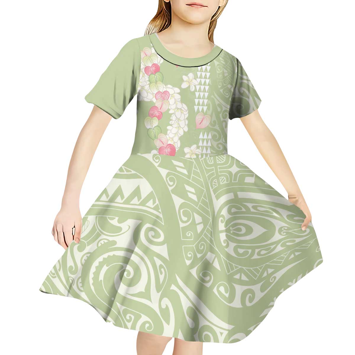 Leaf Green Hawaii Anthurium Plumeria Lei Kid Short Sleeve Dress LT9 - Polynesian Pride