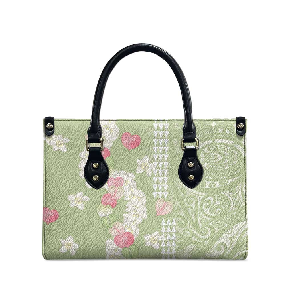 Leaf Green Hawaii Anthurium Plumeria Lei Leather Bag