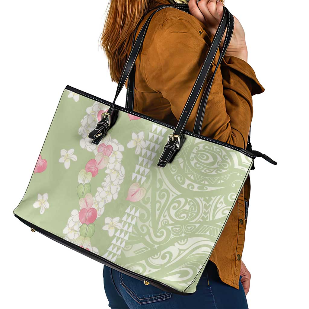 Leaf Green Hawaii Anthurium Plumeria Lei Leather Tote Bag LT9 - Polynesian Pride