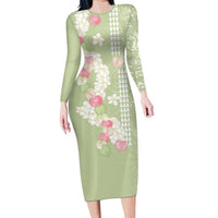 Leaf Green Hawaii Anthurium Plumeria Lei Long Sleeve Bodycon Dress LT9 Long Dress Green - Polynesian Pride