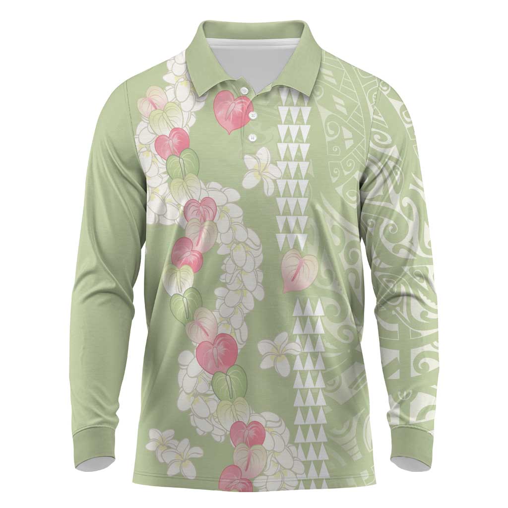 Leaf Green Hawaii Anthurium Plumeria Lei Long Sleeve Polo Shirt