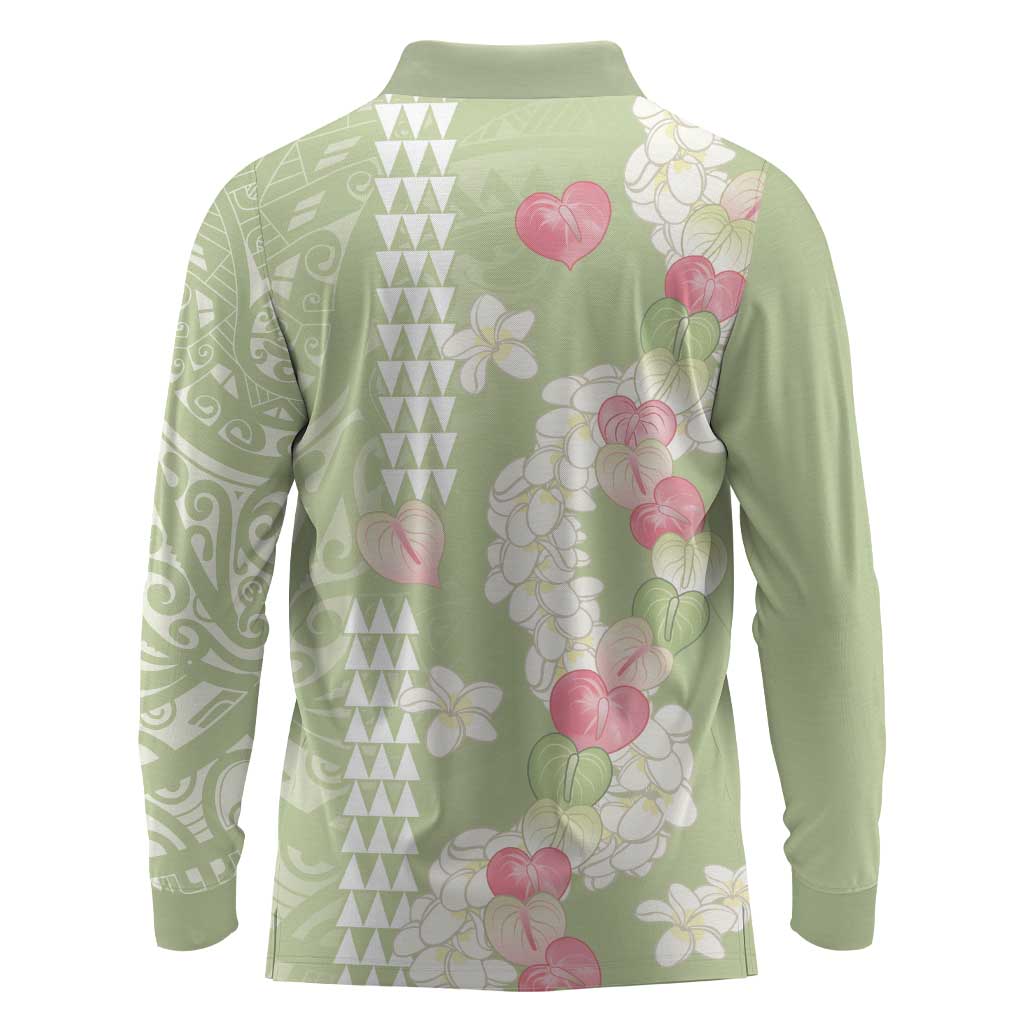 Leaf Green Hawaii Anthurium Plumeria Lei Long Sleeve Polo Shirt LT9 - Polynesian Pride