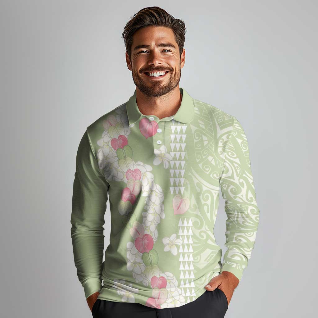 Leaf Green Hawaii Anthurium Plumeria Lei Long Sleeve Polo Shirt LT9 - Polynesian Pride