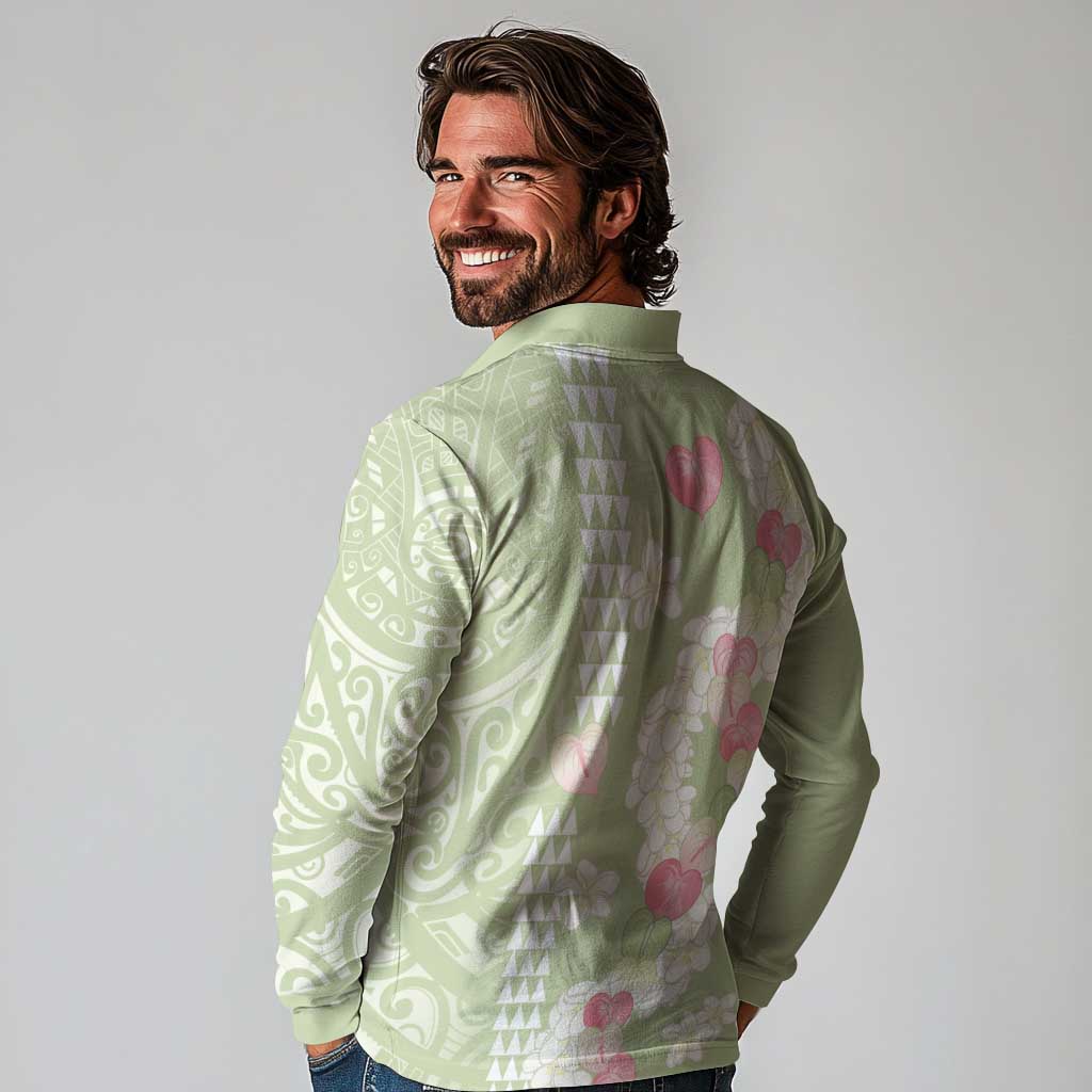 Leaf Green Hawaii Anthurium Plumeria Lei Long Sleeve Polo Shirt LT9 - Polynesian Pride