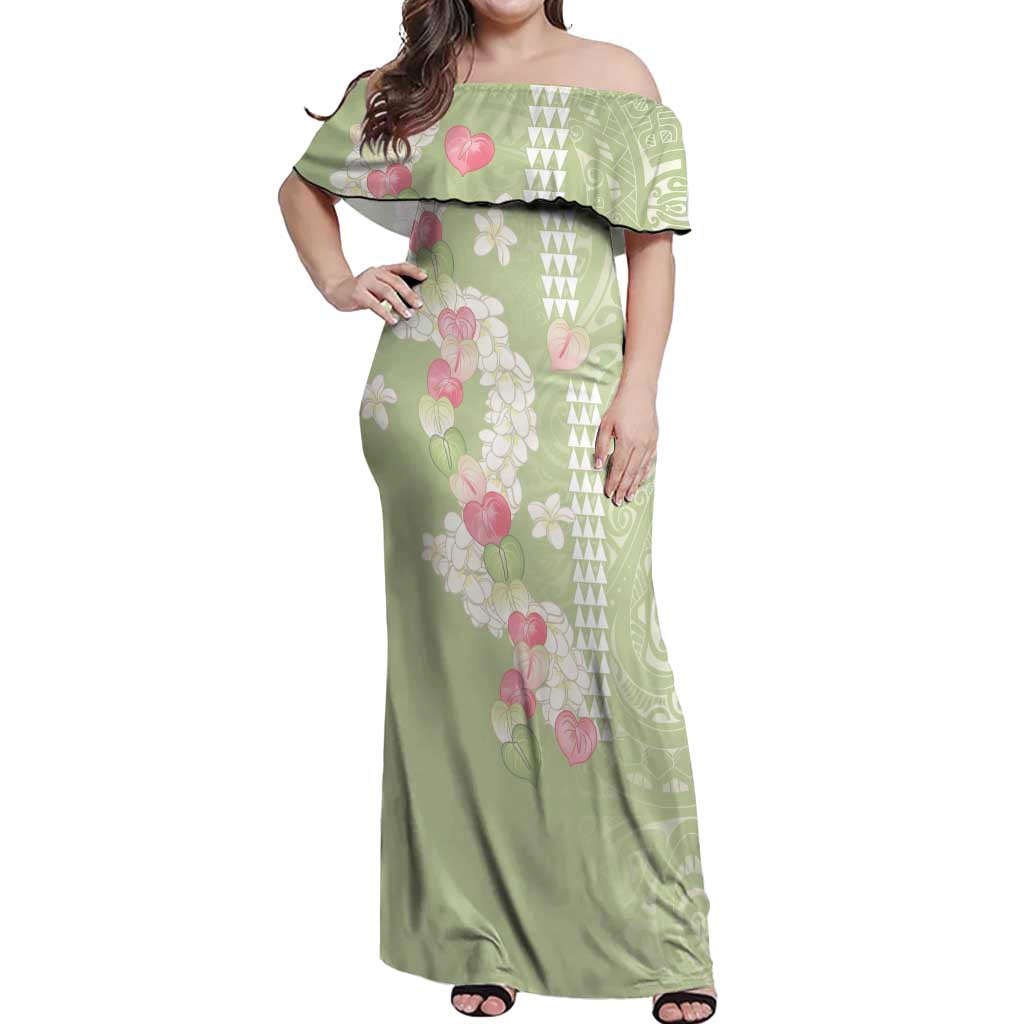 Leaf Green Hawaii Anthurium Plumeria Lei Off Shoulder Maxi Dress LT9 Women Green - Polynesian Pride