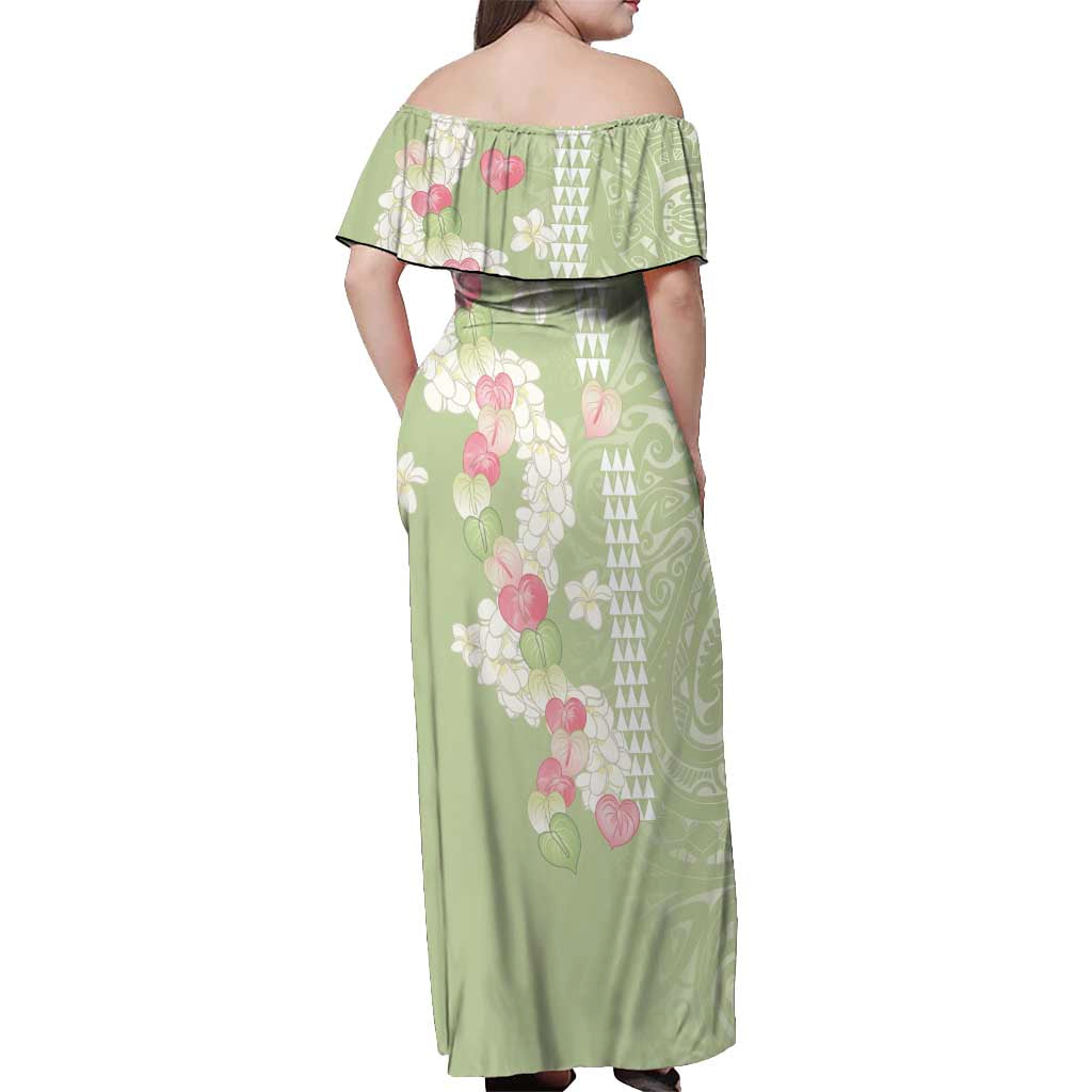 Leaf Green Hawaii Anthurium Plumeria Lei Off Shoulder Maxi Dress LT9 - Polynesian Pride