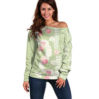 Leaf Green Hawaii Anthurium Plumeria Lei Off Shoulder Sweater LT9 Women Green - Polynesian Pride