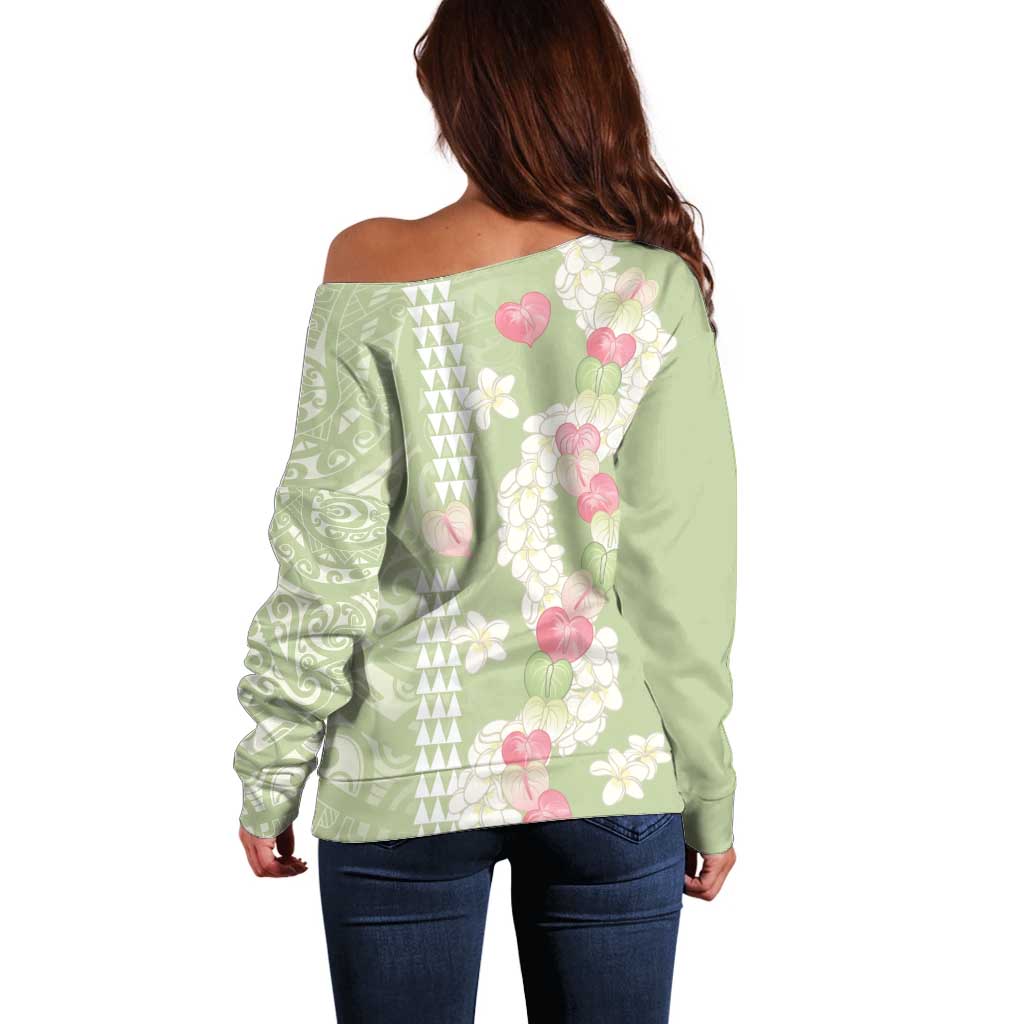 Leaf Green Hawaii Anthurium Plumeria Lei Off Shoulder Sweater LT9 - Polynesian Pride