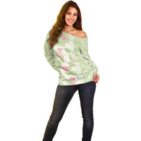 Leaf Green Hawaii Anthurium Plumeria Lei Off Shoulder Sweater LT9 - Polynesian Pride
