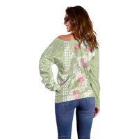 Leaf Green Hawaii Anthurium Plumeria Lei Off Shoulder Sweater LT9 - Polynesian Pride
