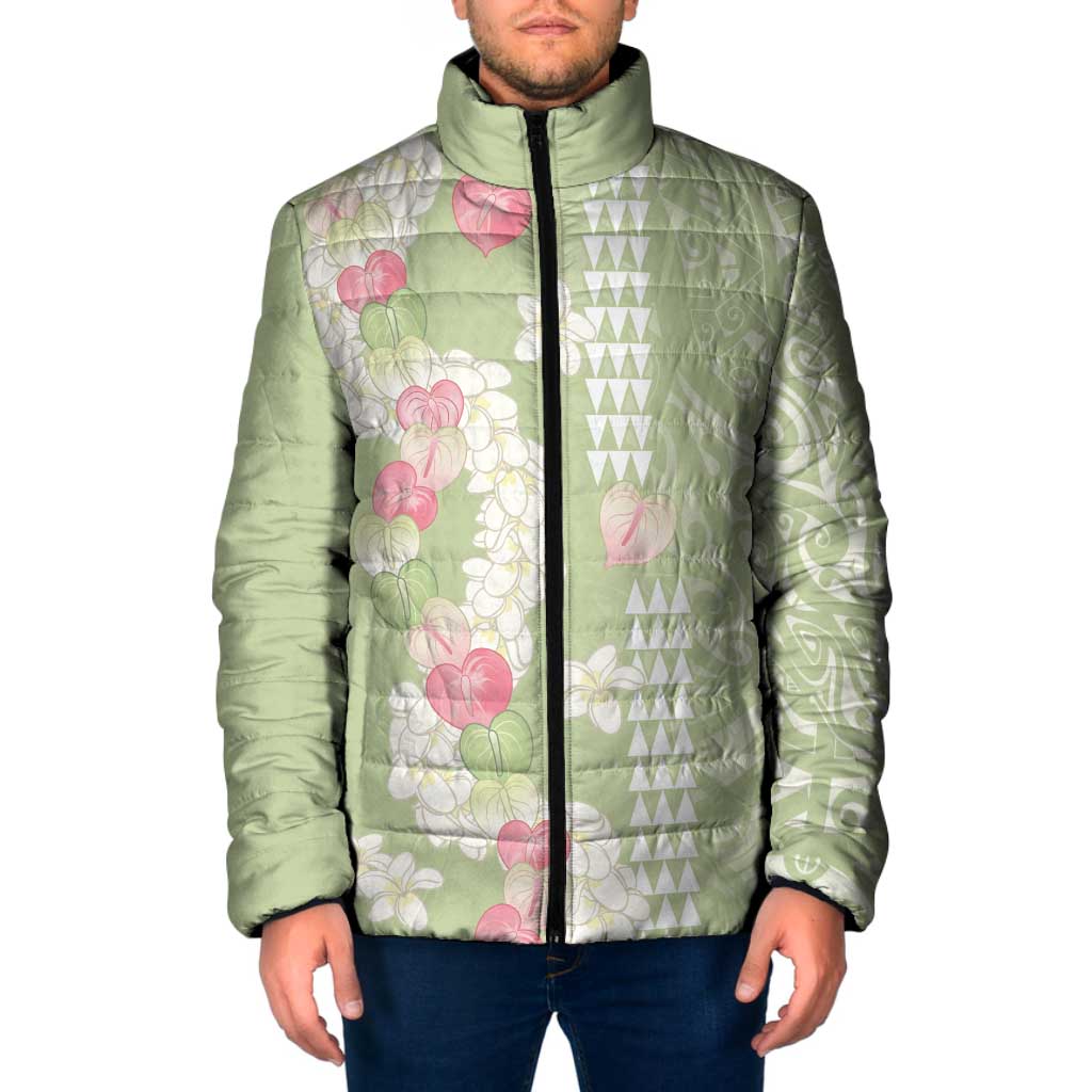 Leaf Green Hawaii Anthurium Plumeria Lei Padded Jacket LT9 Men Green - Polynesian Pride