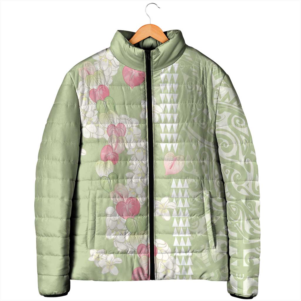 Leaf Green Hawaii Anthurium Plumeria Lei Padded Jacket LT9 - Polynesian Pride