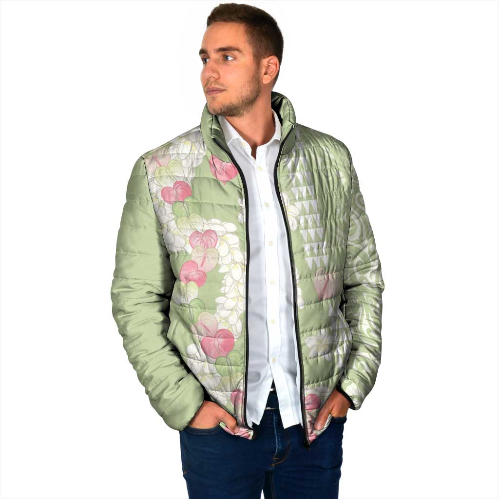 Leaf Green Hawaii Anthurium Plumeria Lei Padded Jacket LT9 - Polynesian Pride
