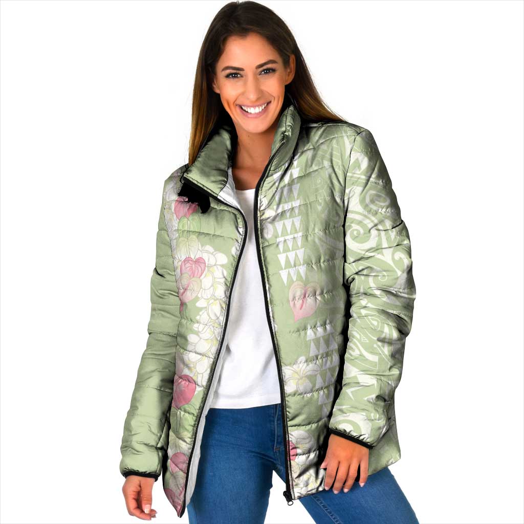 Leaf Green Hawaii Anthurium Plumeria Lei Padded Jacket LT9 Women Green - Polynesian Pride