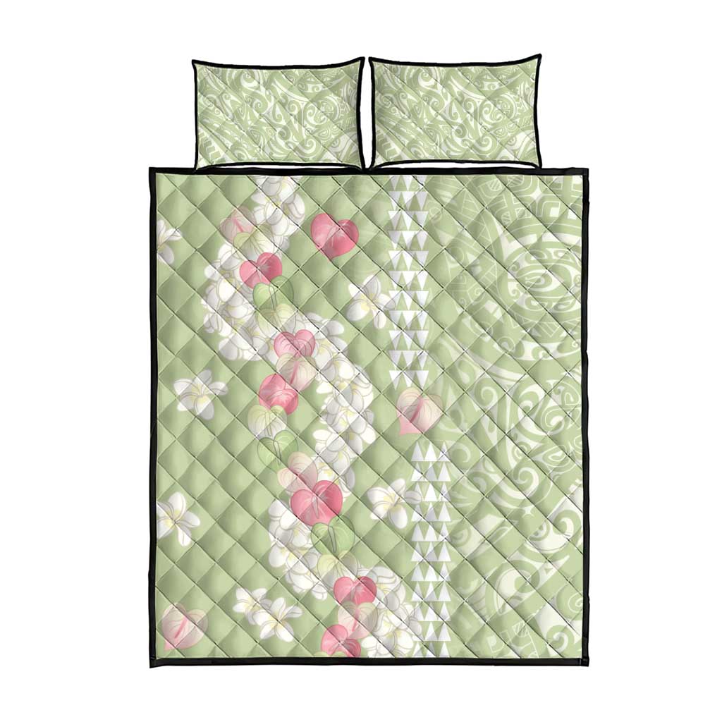 Leaf Green Hawaii Anthurium Plumeria Lei Quilt Bed Set