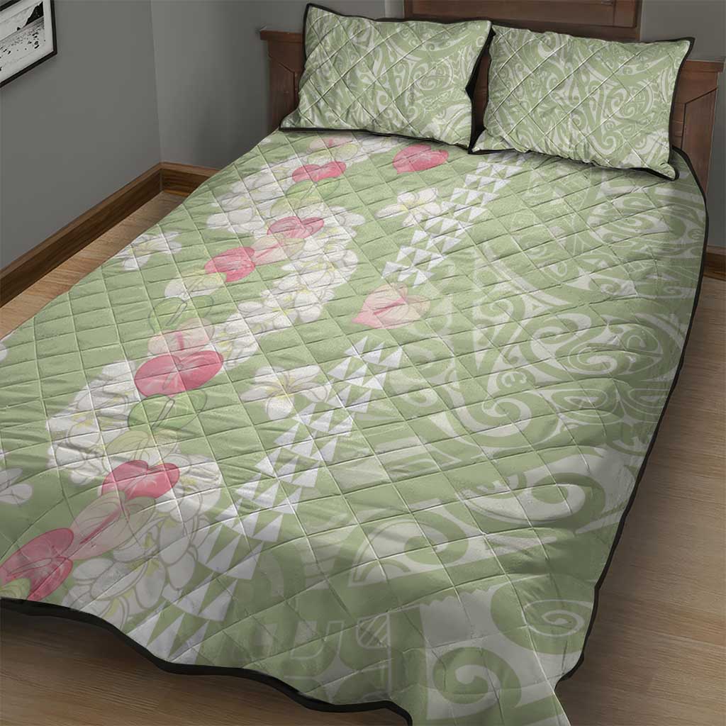 Leaf Green Hawaii Anthurium Plumeria Lei Quilt Bed Set