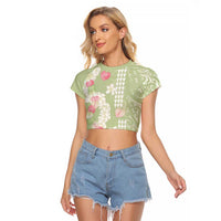 Leaf Green Hawaii Anthurium Plumeria Lei Raglan Cropped T Shirt LT9 Female Green - Polynesian Pride