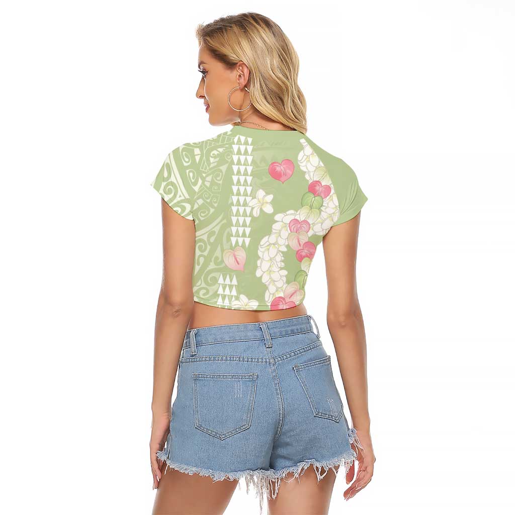 Leaf Green Hawaii Anthurium Plumeria Lei Raglan Cropped T Shirt LT9 - Polynesian Pride