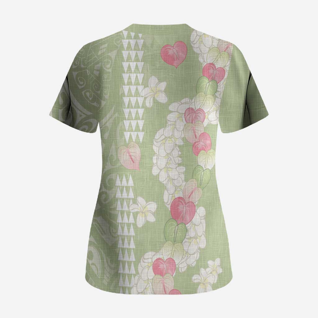 Leaf Green Hawaii Anthurium Plumeria Lei Scrub Top LT9 - Polynesian Pride
