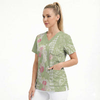 Leaf Green Hawaii Anthurium Plumeria Lei Scrub Top LT9 - Polynesian Pride