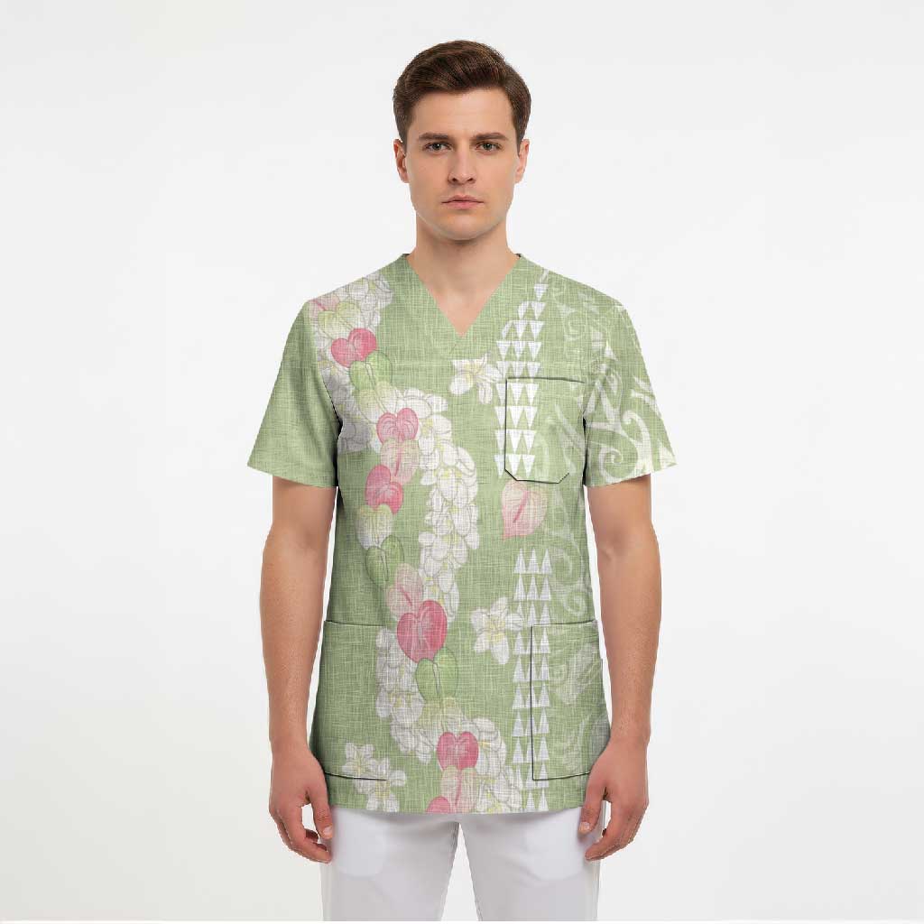 Leaf Green Hawaii Anthurium Plumeria Lei Scrub Top LT9 - Polynesian Pride