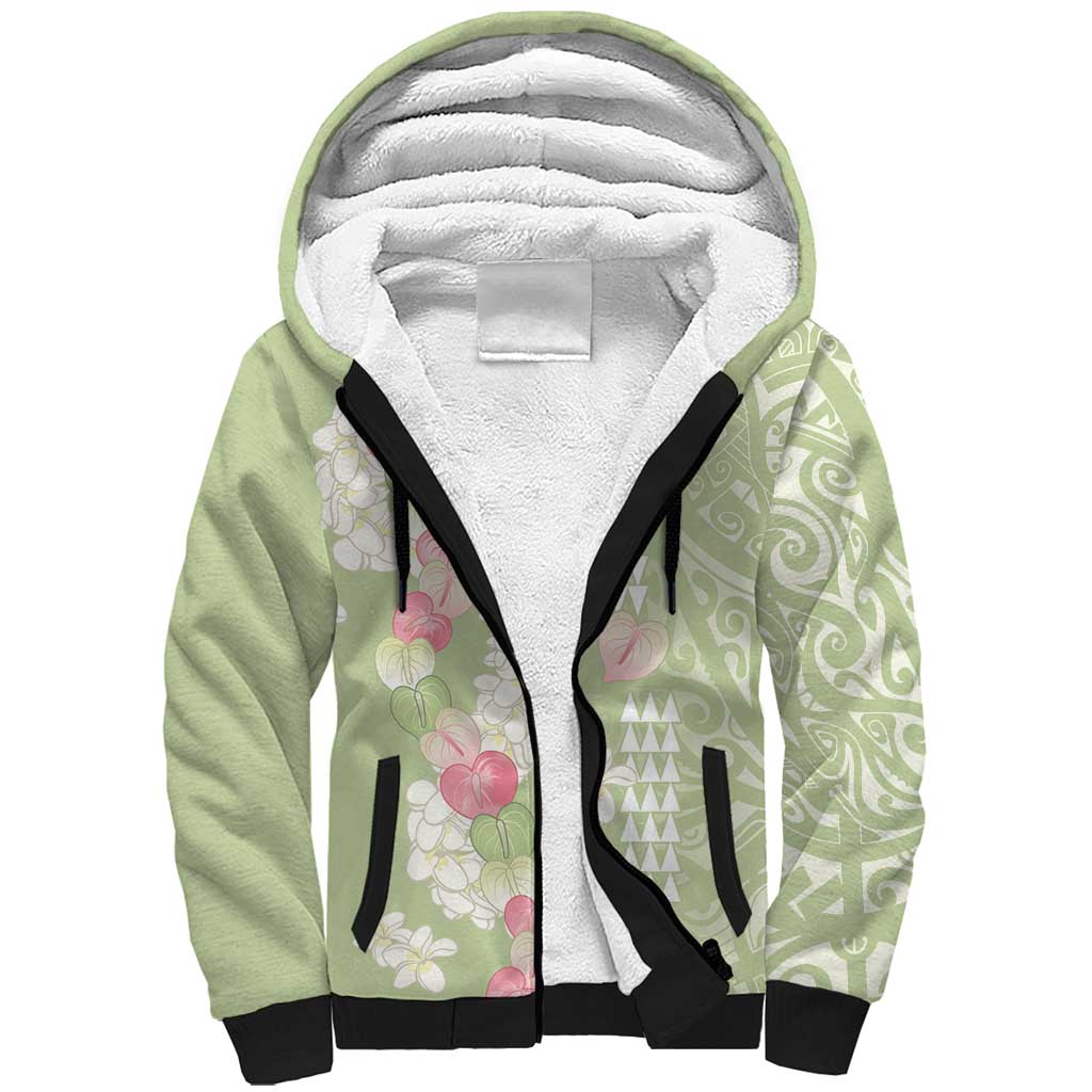 Leaf Green Hawaii Anthurium Plumeria Lei Sherpa Hoodie