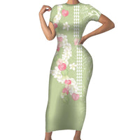 Leaf Green Hawaii Anthurium Plumeria Lei Short Sleeve Bodycon Dress LT9 Long Dress Green - Polynesian Pride