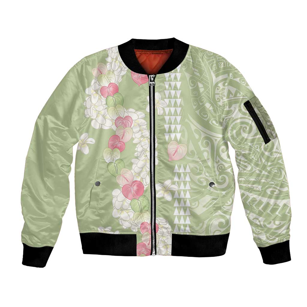 Leaf Green Hawaii Anthurium Plumeria Lei Sleeve Zip Bomber Jacket LT9 Unisex Green - Polynesian Pride