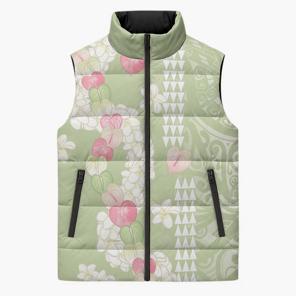 Leaf Green Hawaii Anthurium Plumeria Lei Sleeveless Puffer Jacket LT9 Unisex Green - Polynesian Pride