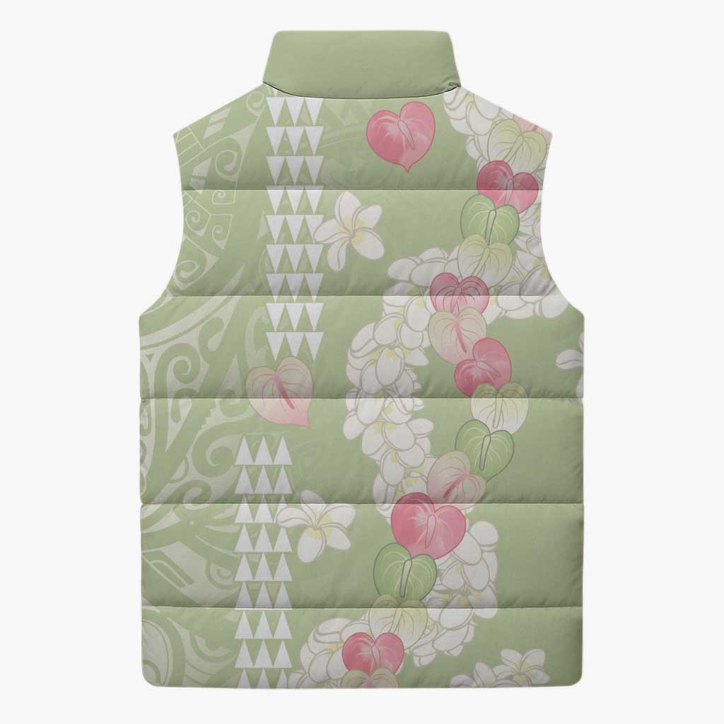 Leaf Green Hawaii Anthurium Plumeria Lei Sleeveless Puffer Jacket LT9 - Polynesian Pride