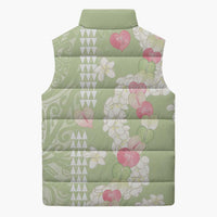 Leaf Green Hawaii Anthurium Plumeria Lei Sleeveless Puffer Jacket LT9 - Polynesian Pride