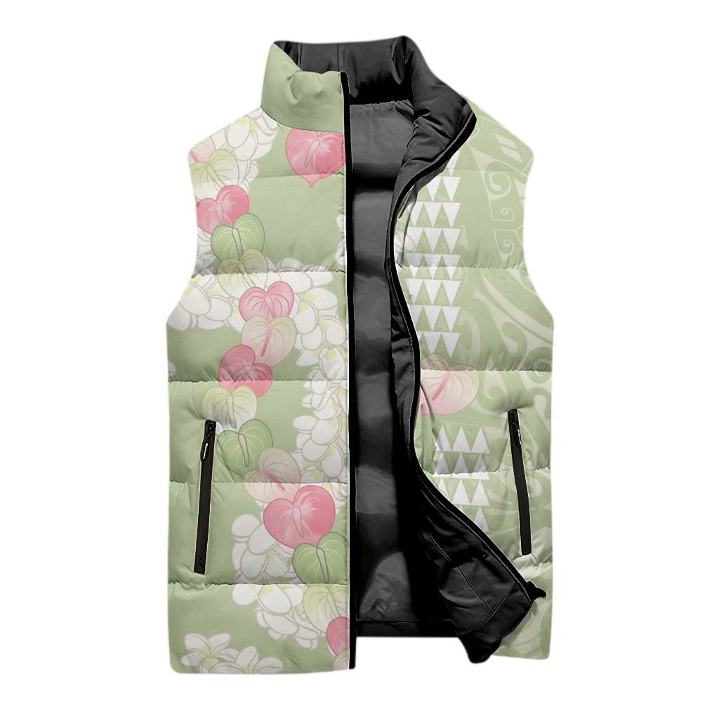Leaf Green Hawaii Anthurium Plumeria Lei Sleeveless Puffer Jacket LT9 - Polynesian Pride