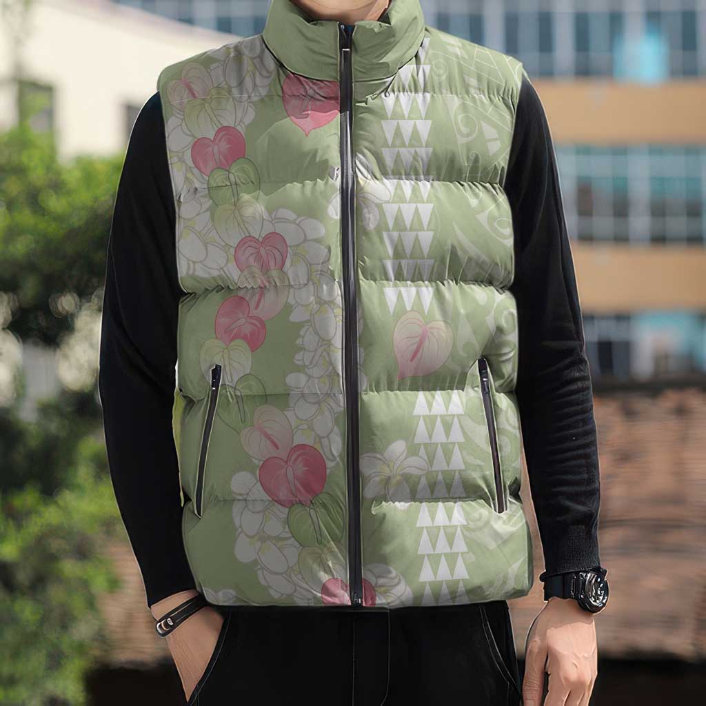 Leaf Green Hawaii Anthurium Plumeria Lei Sleeveless Puffer Jacket LT9 - Polynesian Pride