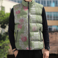 Leaf Green Hawaii Anthurium Plumeria Lei Sleeveless Puffer Jacket LT9 - Polynesian Pride