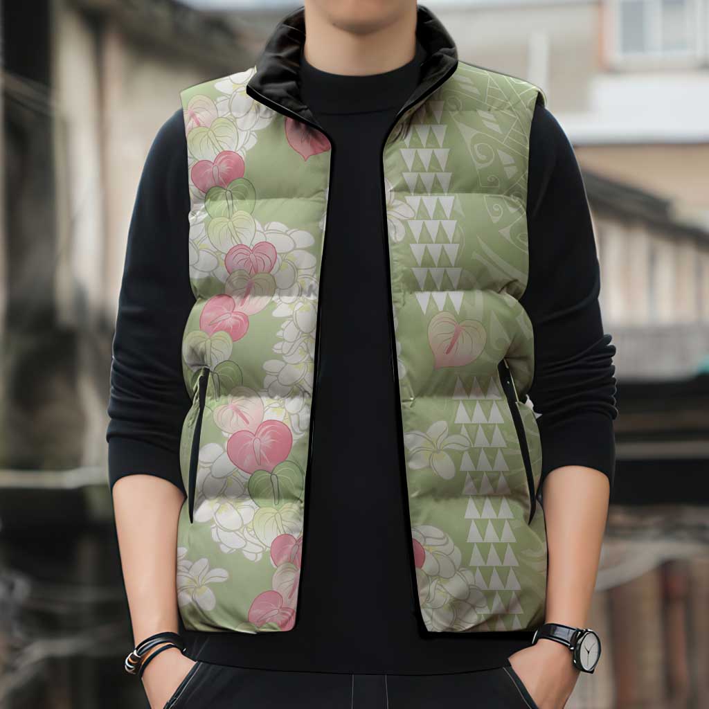 Leaf Green Hawaii Anthurium Plumeria Lei Sleeveless Puffer Jacket LT9 - Polynesian Pride