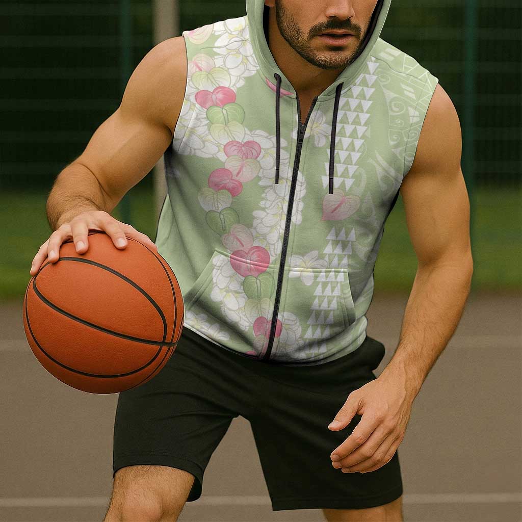 Leaf Green Hawaii Anthurium Plumeria Lei Sleeveless Zip Hoodie LT9 - Polynesian Pride
