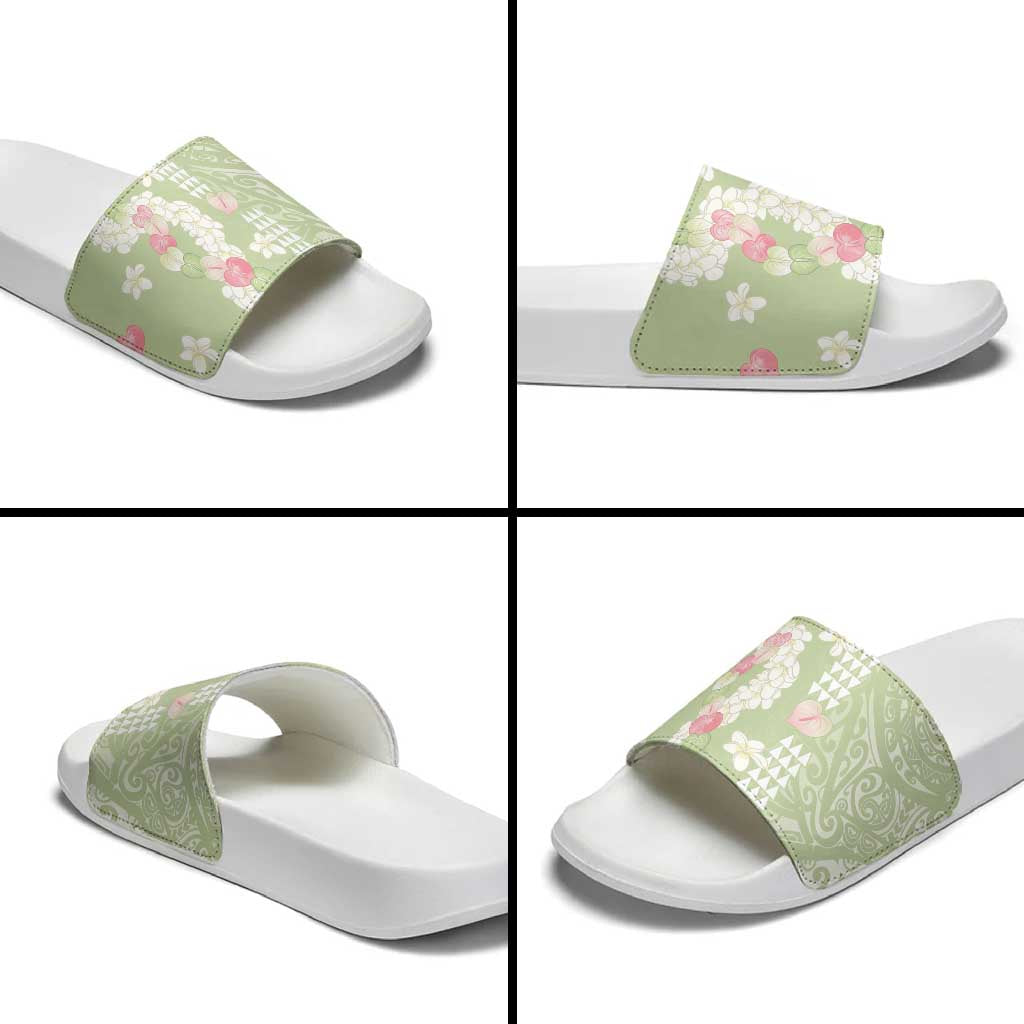 Leaf Green Hawaii Anthurium Plumeria Lei Slide Sandals LT9 - Polynesian Pride