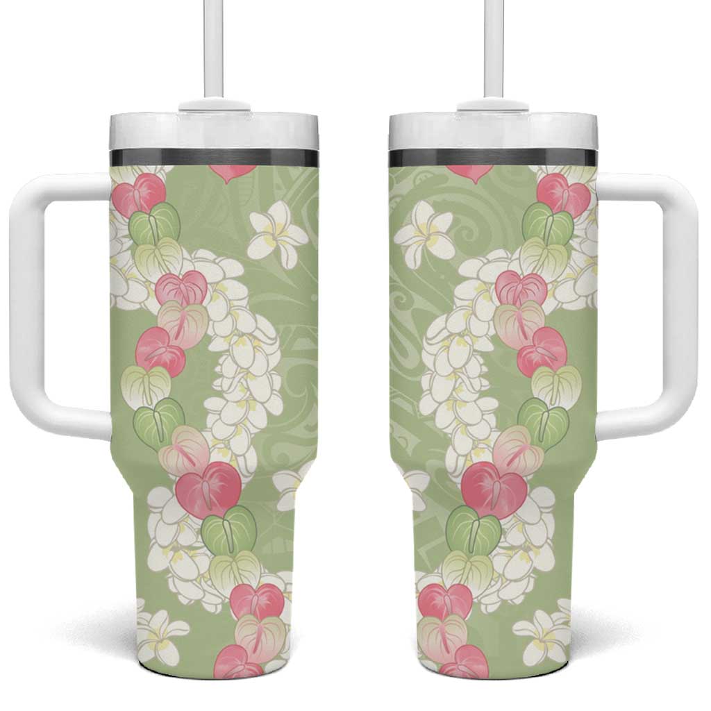 Leaf Green Hawaii Anthurium Plumeria Lei Tumbler With Handle LT9 One Size: 40 oz Green - Polynesian Pride