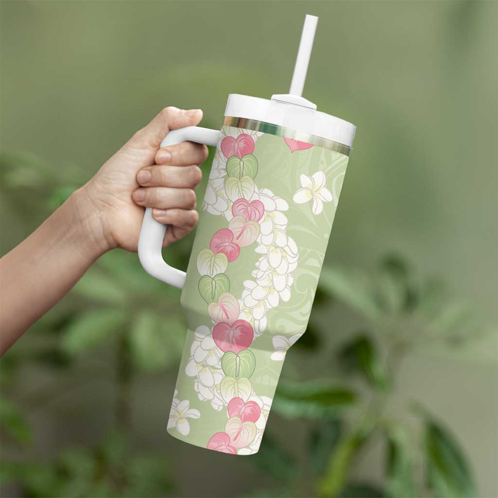 Leaf Green Hawaii Anthurium Plumeria Lei Tumbler With Handle LT9 - Polynesian Pride