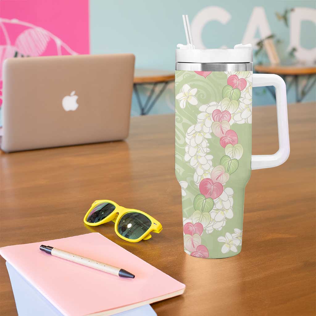 Leaf Green Hawaii Anthurium Plumeria Lei Tumbler With Handle LT9 - Polynesian Pride