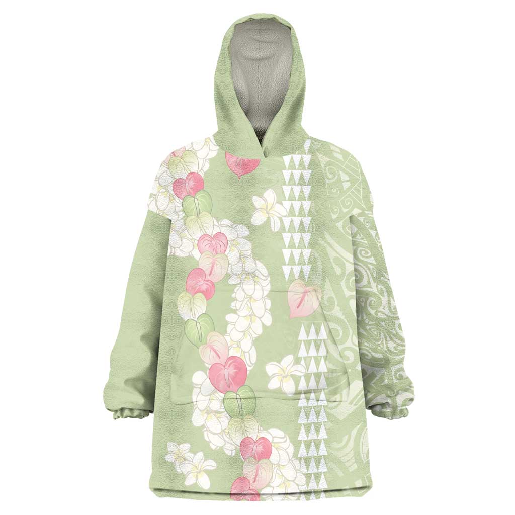 Leaf Green Hawaii Anthurium Plumeria Lei Wearable Blanket Hoodie
