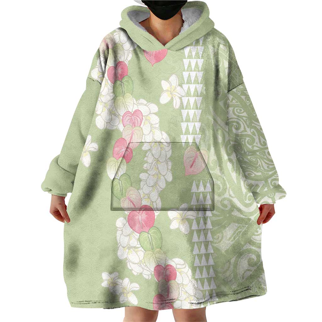 Leaf Green Hawaii Anthurium Plumeria Lei Wearable Blanket Hoodie