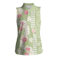 Leaf Green Hawaii Anthurium Plumeria Lei Women Sleeveless Polo Shirt LT9 Female Green - Polynesian Pride