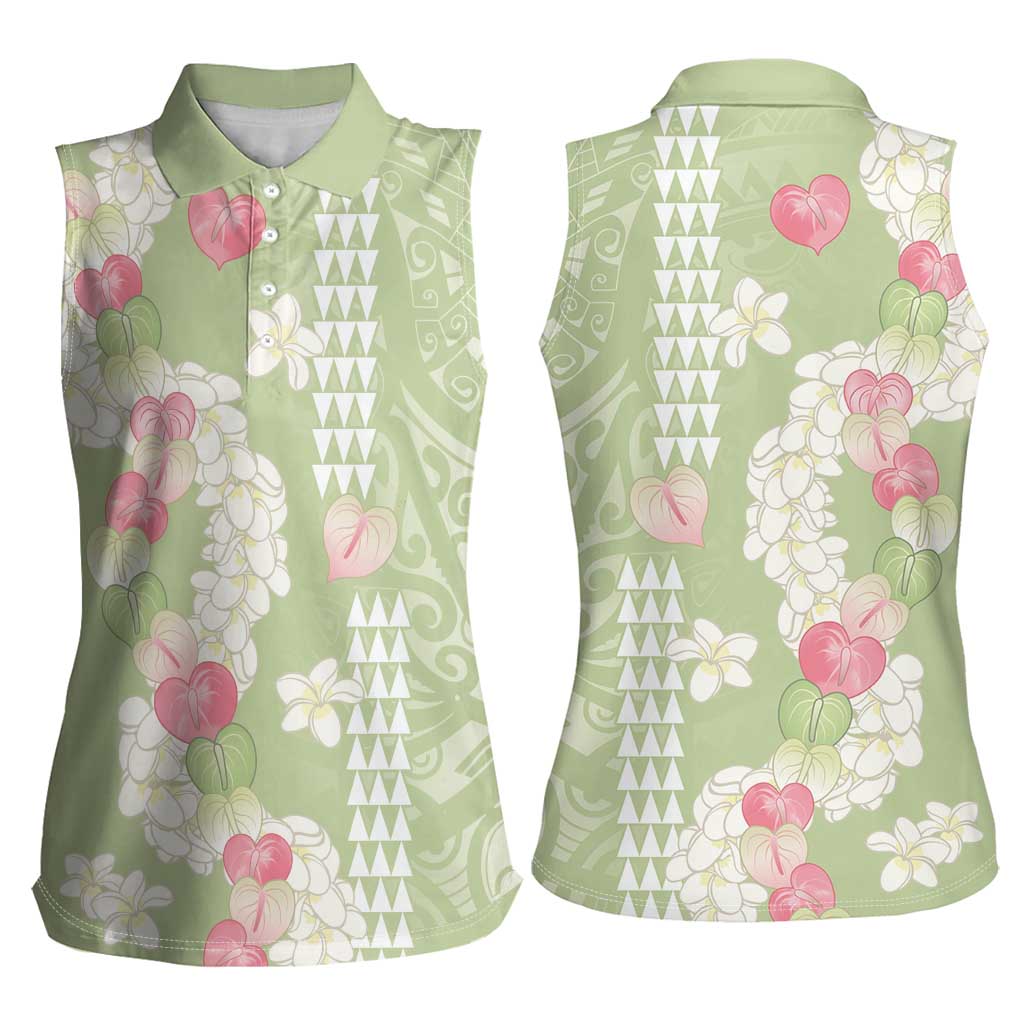 Leaf Green Hawaii Anthurium Plumeria Lei Women Sleeveless Polo Shirt LT9 - Polynesian Pride
