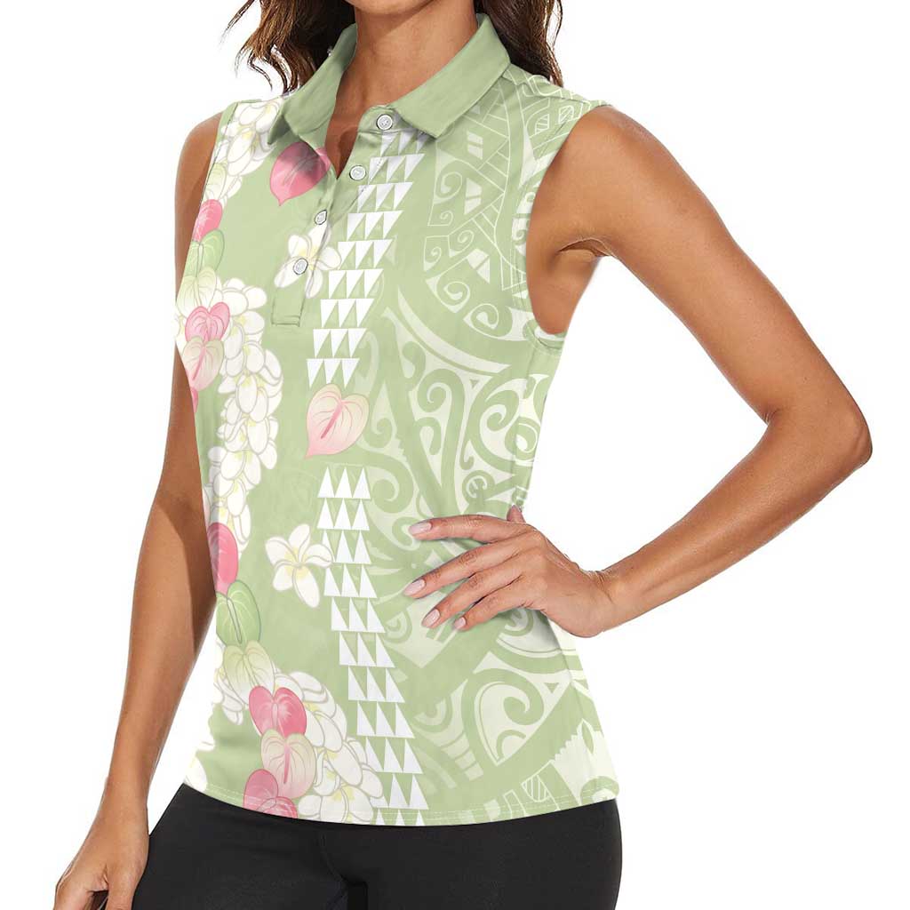 Leaf Green Hawaii Anthurium Plumeria Lei Women Sleeveless Polo Shirt LT9 - Polynesian Pride