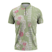 Leaf Green Hawaii Anthurium Plumeria Lei Zipper Polo Shirt LT9 Green - Polynesian Pride