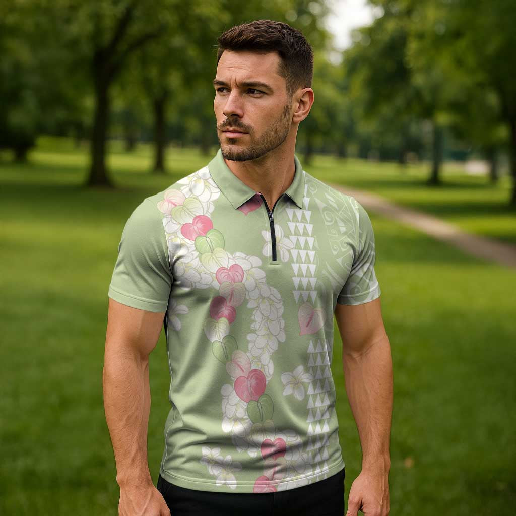 Leaf Green Hawaii Anthurium Plumeria Lei Zipper Polo Shirt LT9 - Polynesian Pride